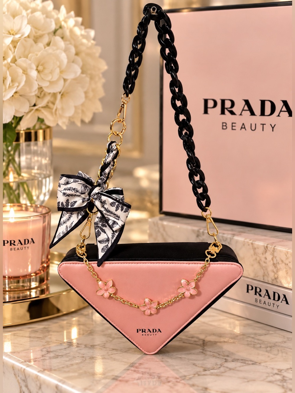 PRADA Beauty Pink Triangle pouch with black and gold hardware- Authentic